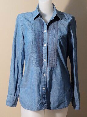 J. Crew Reimagined Tuxedo Pintuck Front Blue Chambray Shirt Size: 4
